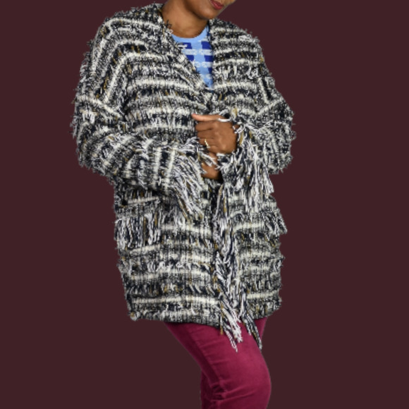 Zara Basic Fringe Tweed Coat Jacket Black White Metallic Thread Open Front Small - Picture 10 of 15